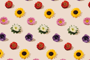 Creative pattern made of various flowers. Flat lay. Minimal season background.