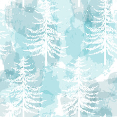 Obraz premium Christmas tree seamless vector pattern. Watercolor Noel firs print, winter frozen pine trees on blue background, wallpaper, wrapping paper design