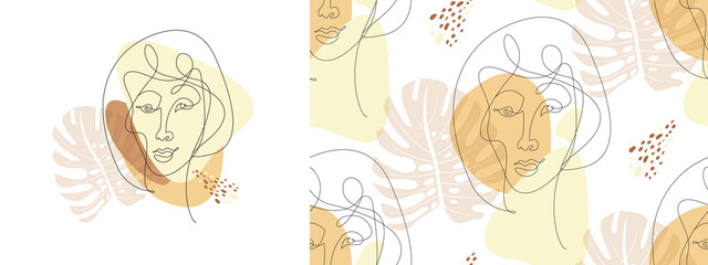 Fototapeta premium set of modern portrait of a girl in one line with elements of boho style isolated on white background and seamless pattern on white background for textile