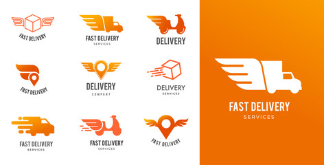 Blue delivery logos collection, set of emblems, symbols and icons. Fast delivery concept design