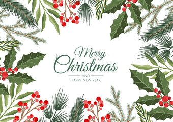 Winter holiday background. Border with Christmas tree branches and decorations. Great for New Year cards, banners, headers, party posters.