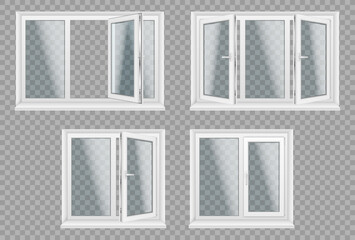 Set of transparent metal plastic windows. Energy cost saving easy to care plastic pvc window frames