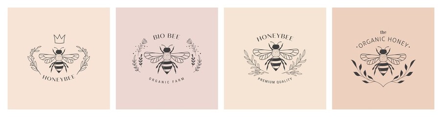Collection of hand drawn bee, organic honey, logo, emblem, label and packaging design