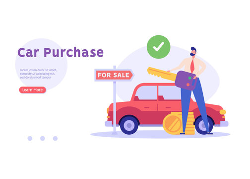 Man purchases car with new keys. Happy client buying new automobile. Vehicle rental. Concept of auto purchase, car buying, auto finance, leasing. Vector illustration in flat design for web banners, UI