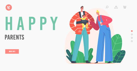 Fototapeta premium Happy Parents Landing Page Template. Young Family with Baby Mother with Milk Bottle, Father Character with Newborn Child
