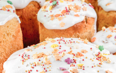 Decorated fresh cooked cakes for easter holiday