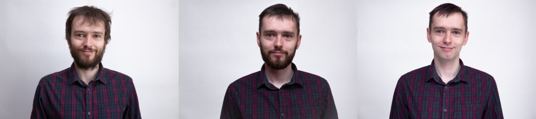 Obraz premium Handsome man after or before shaven. Collage of man portrait. Example of changing the face depending on the amount of hair on face 