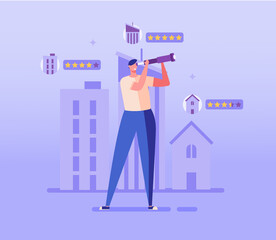 House for Rent. Man Renting Apartment with Online Service. User Looking for Apartment for Rent Online. Concept of Rent Real Estate, Home for Rent. Vector illustration for Web Design, Landing Page