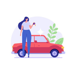 Woman purchases car with keys. Happy client buying new automobile. Vehicle rent. Concept of auto purchase, car buying, auto finance, leasing. Vector illustration in flat design for web banners, UI