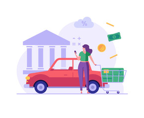 Woman purchases car with bank loan. Happy client buying new automobile on motor credit. Concept of auto credit, car loan, auto finance, banking products. Vector illustration in flat for web banner