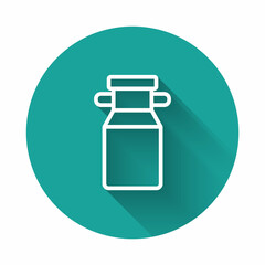 White line Can container for milk icon isolated with long shadow background. Green circle button. Vector