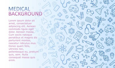 Abstract medical background with icons and symbols. Template design with the concept of healthcare, medical technology, innovative medicine, modern scientific research. Vector illustration