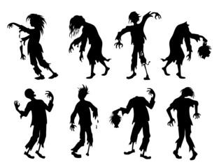 Zombie. Set of silhouettes. The walking dead, scary people raised from the dead. Full length zombies in various scary poses and headless. Isolated. Vector illustration