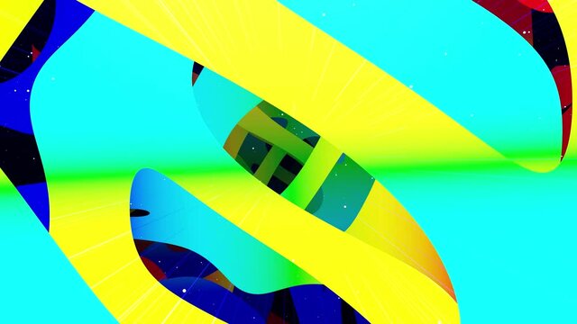 Motion graphic abstract colorful looped bg modern art, fly in art space, multilayer structure with pattern, glow particles and lines. Ornamental texture rainbow gradient color. Motion design vj loop.
