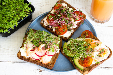 Varied breakfast, appetizer wholegrain bread sandwiches, toasters with cream cheese, radish, avocado, tomatoes, shrimp, egg, micro greens on a light background, top view, vertical photo