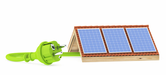 Solar panels on a roof and a green power cable with plug