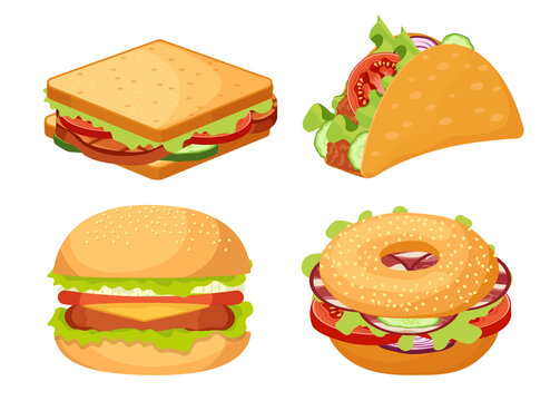 Set of Icons Fastfood, Takeaway Junk Food Burger, Sandwich, Tex Mex Tacos Snack Isolated on White Background