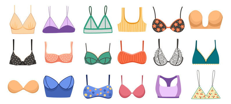 Set Bras Collection, Types of Lingerie Balconette, Strapless, Glamour Erotic Push-up. Bikini, Bandeau and Body Figure
