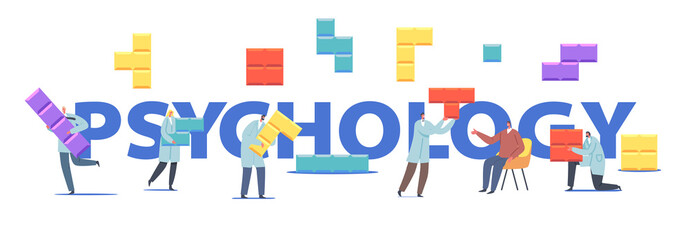 Psychology Concept. Tiny Psychologist Doctor Characters Set Up Huge Colorful Puzzle Pieces. Human Mental Health