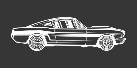Original monochrome vector illustration of an American vintage retro car in a white outline.