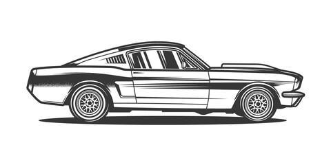 Original monochrome vector illustration in vintage style. Contour retro car. T-shirt or print design - obrazy, fototapety, plakaty