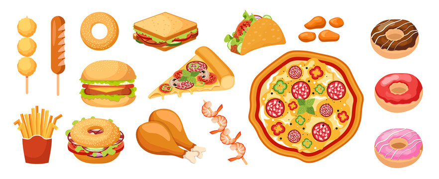 Set of Icons Fastfood, Takeaway Food French Fries, Sweet Donuts, Sandwich. Chicken Legs, Nuggets and Pizza with Sausage