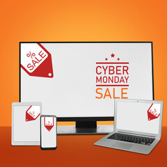 Set of modern devices on color background. Cyber Monday Sale