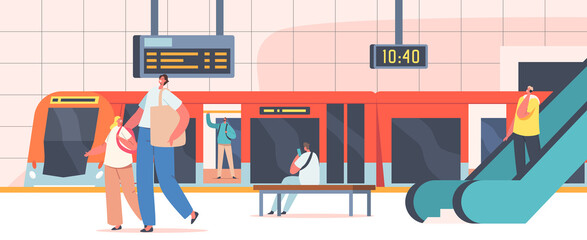 People at Subway Station, Characters at Public Metro Platform with Train, Escalator, Map, Clock and Digital Display