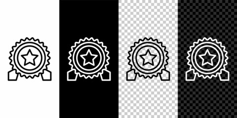 Set line Medal with star icon isolated on black and white, transparent background. Winner achievement sign. Award medal. Vector