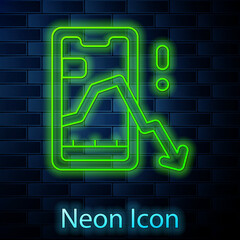 Glowing neon line Mobile stock trading concept icon isolated on brick wall background. Online trading, stock market analysis, business and investment. Vector