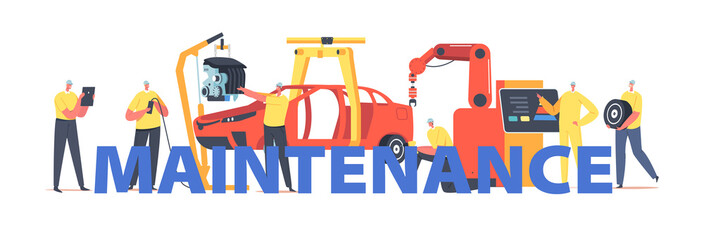 Maintenance Concept. Workers Characters on Car Production Line on Plant, Manufacture Factory, Automobile Engineering