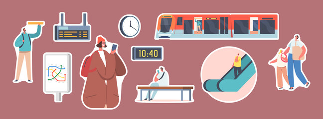 Set of Stickers People at Subway Station, Train, Escalator, Map, Clock and Digital Display. Characters at Metro Platform