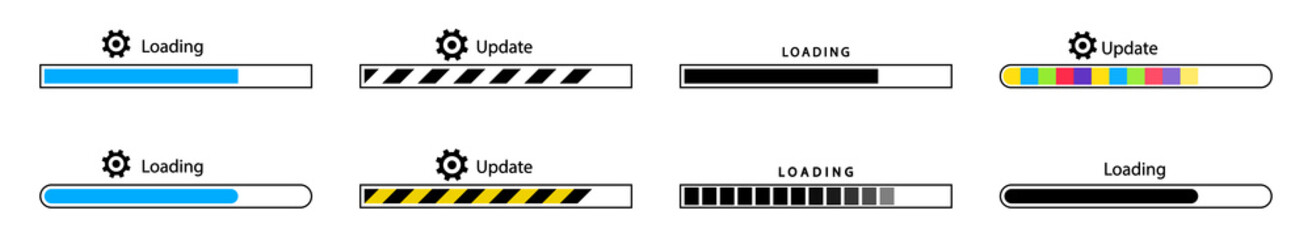 Cargando y actualizando. Conjunto de barra de icono de cargar y actualización. Concepto de progreso de carga y actualización. ilustración vectorial 