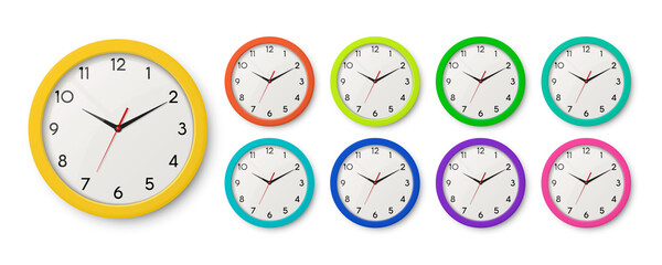 Vector 3d Realistic Color Wall Office Clock Icon Set Isolated. Different Colors. White Dial. Design Template of Wall Clock Closeup. Mock-up for Branding, Advertise. Top, Front View