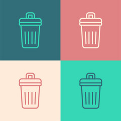 Pop art line Trash can icon isolated on color background. Garbage bin sign. Recycle basket icon. Office trash icon. Vector