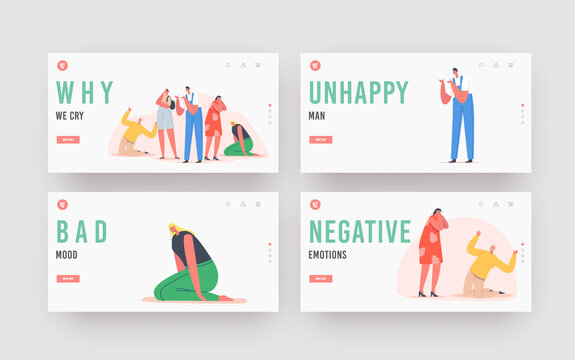 People Crying Landing Page Template Set. Sad Characters Express Negative Emotions, Upset Men and Women with Tears