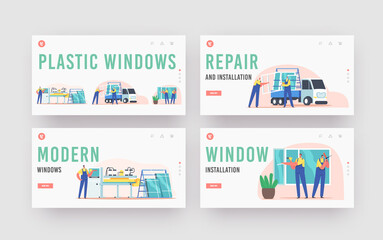 Naklejka na ściany i meble Plastic Windows Landing Page Template Set. Pvc Glass Producing, Delivery, Installation. Worker Characters Installing