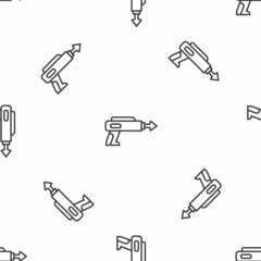 Obraz premium Grey line Fishing harpoon icon isolated seamless pattern on white background. Fishery manufacturers for catching fish under water. Diving underwater equipment. Vector