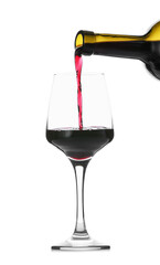 Pouring of delicious red wine into glass on white background