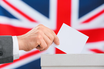Man voting against the flag of Great Britain, closeup