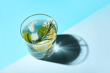 Glass of tasty lime cocktail with rosemary on blue background