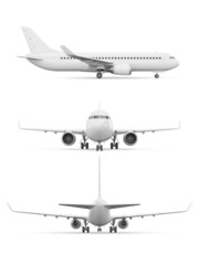 Blank white airplane. Airliner in side, front and back view isolated white background. 3d render.