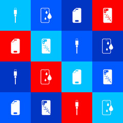 Set USB cable cord, Waterproof phone, Glass screen protector and Mobile with broken icon. Vector