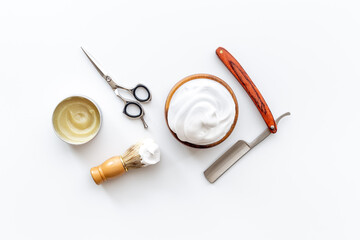 Barber shop equipment with hairdressing scissors. Top view