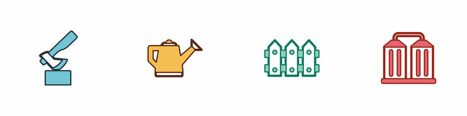 Set Wooden axe, Watering can, Garden fence wooden and Granary icon. Vector