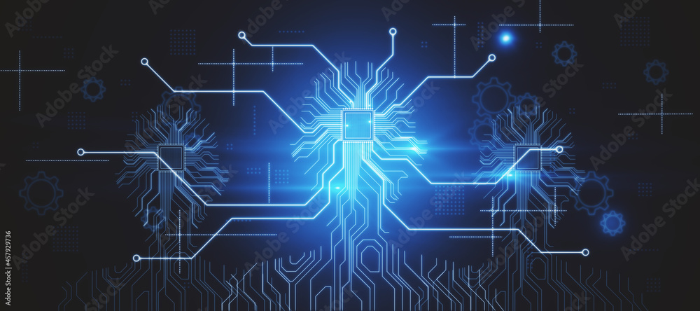 Aufkleber creative glowing blue ai chip panoramic interface on dark background. artificial intelligence and ro