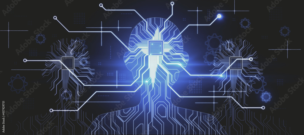 Aufkleber Abstract glowing blue AI chip panoramic interface on dark backdrop. Artificial intelligence and robotic mechanism concept. 3D Rendering.