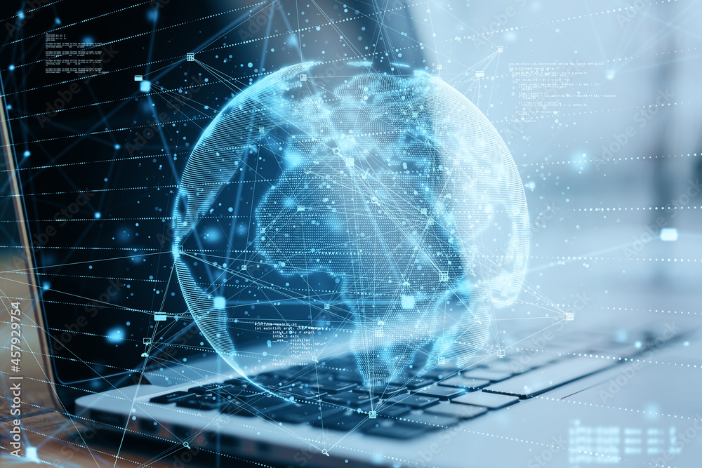 Aufkleber Close up of laptop with abstract globe sphere with coding and polygonal network. Future, technology and digital world concept. Double exposure.