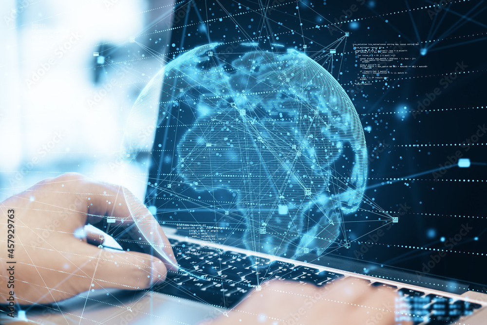 Aufkleber Close up of hands using laptop with abstract globe sphere with coding and polygonal network. Future, technology and digital world concept. Double exposure.