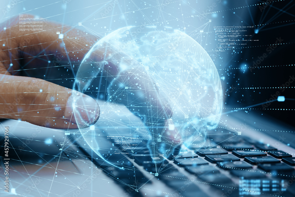 Fototapete Close up of hands using laptop computer with abstract globe sphere with coding and polygonal network. Future, technology and digital world concept. Double exposure.